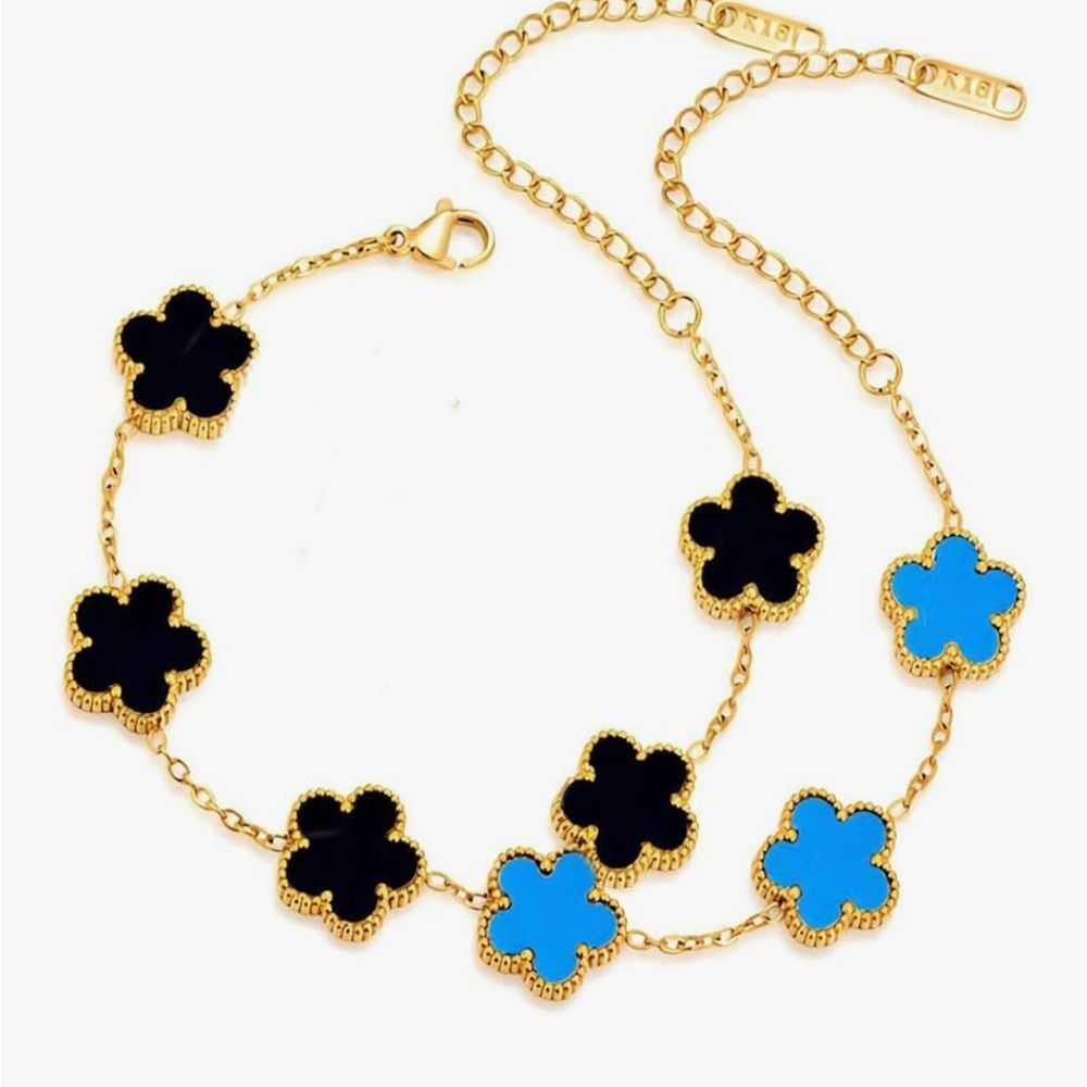 18K Gold Dainty Four Leaf Clover Charm Bracelet Van Cleef Style Set Alhambra 2PC
